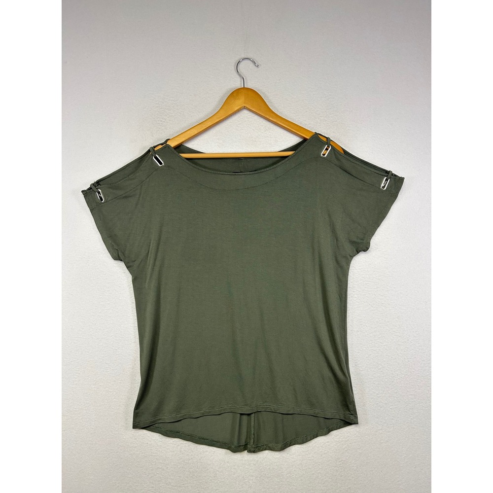 Edgy Utility Cable & Gauge Women Large Green Cold Shoulder Metal Ring Detail Top
